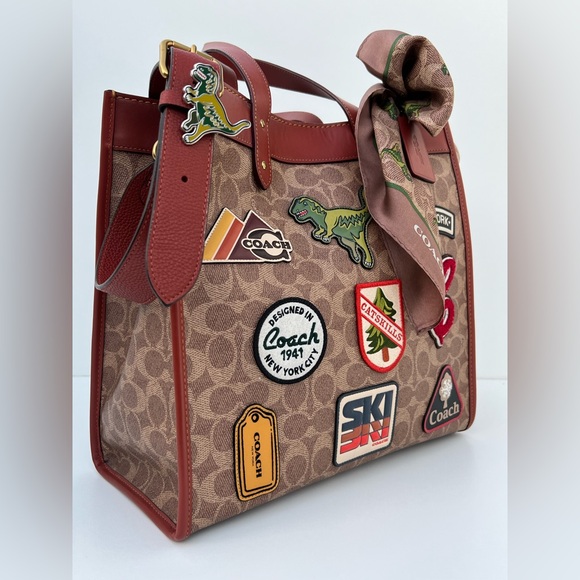 COACH Field Tote In Signature Jacquard Canvas With Patches & Rexy Scarf - Picture 2 of 12
